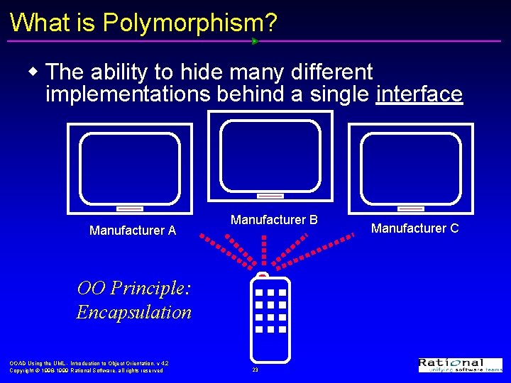 What is Polymorphism? w The ability to hide many different implementations behind a single