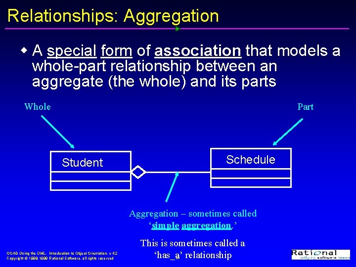 Relationships: Aggregation w A special form of association that models a whole-part relationship between