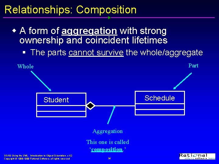 Relationships: Composition w A form of aggregation with strong ownership and coincident lifetimes §