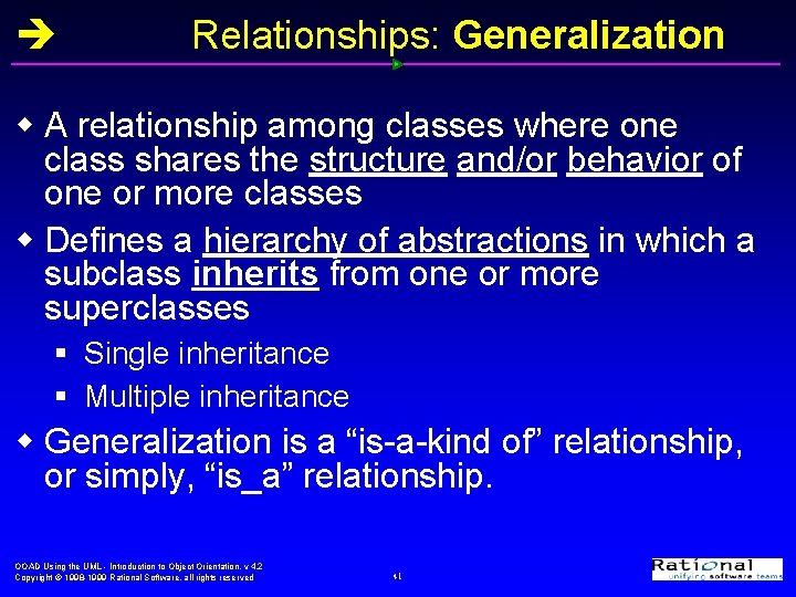  Relationships: Generalization w A relationship among classes where one class shares the structure