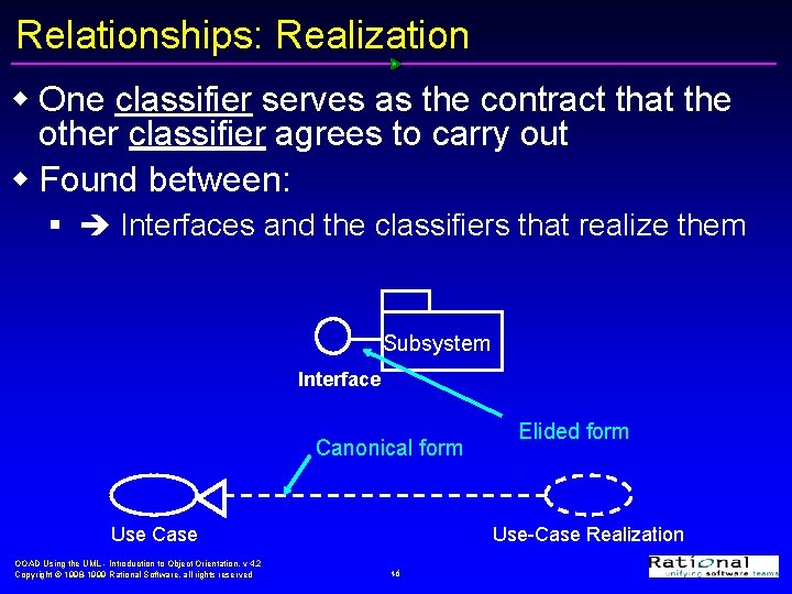 Relationships: Realization w One classifier serves as the contract that the other classifier agrees