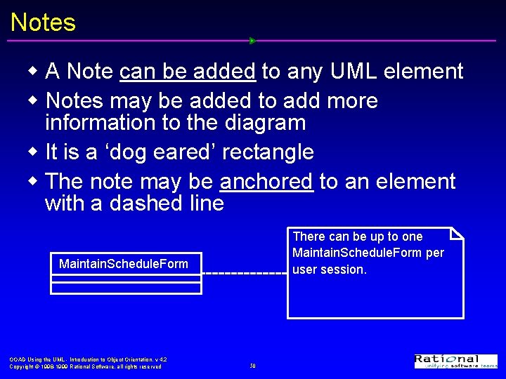 Notes w A Note can be added to any UML element w Notes may
