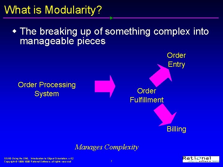 What is Modularity? w The breaking up of something complex into manageable pieces Order