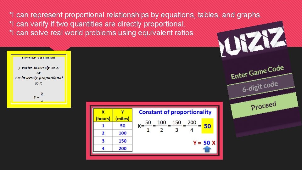 *I can represent proportional relationships by equations, tables, and graphs. *I can verify if