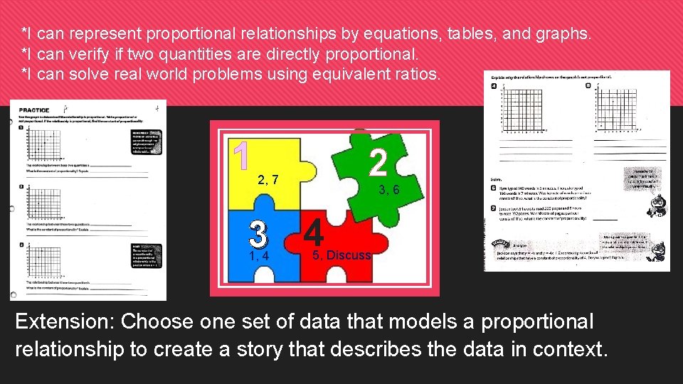 *I can represent proportional relationships by equations, tables, and graphs. *I can verify if