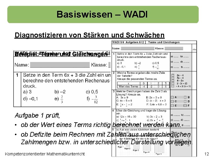 Basiswissen – WADI Diagnostizieren von Stärken und Schwächen Beispiel: Terme und Gleichungen Aufgabe 1