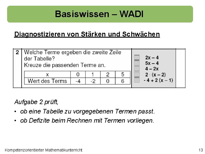 Basiswissen – WADI Diagnostizieren von Stärken und Schwächen Aufgabe 2 prüft, • ob eine