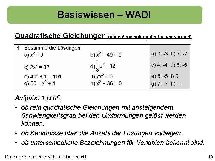 Basiswissen – WADI Quadratische Gleichungen (ohne Verwendung der Lösungsformel) Aufgabe 1 prüft, • ob