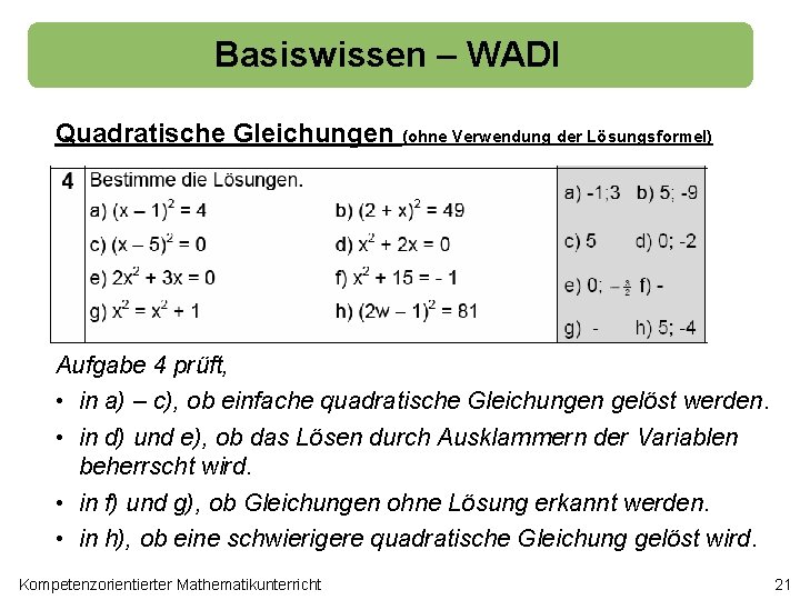 Basiswissen – WADI Quadratische Gleichungen (ohne Verwendung der Lösungsformel) Aufgabe 4 prüft, • in