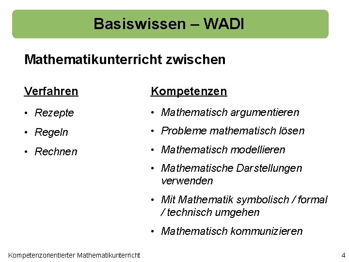 Basiswissen – WADI Mathematikunterricht zwischen Verfahren Kompetenzen • Rezepte • Mathematisch argumentieren • Regeln