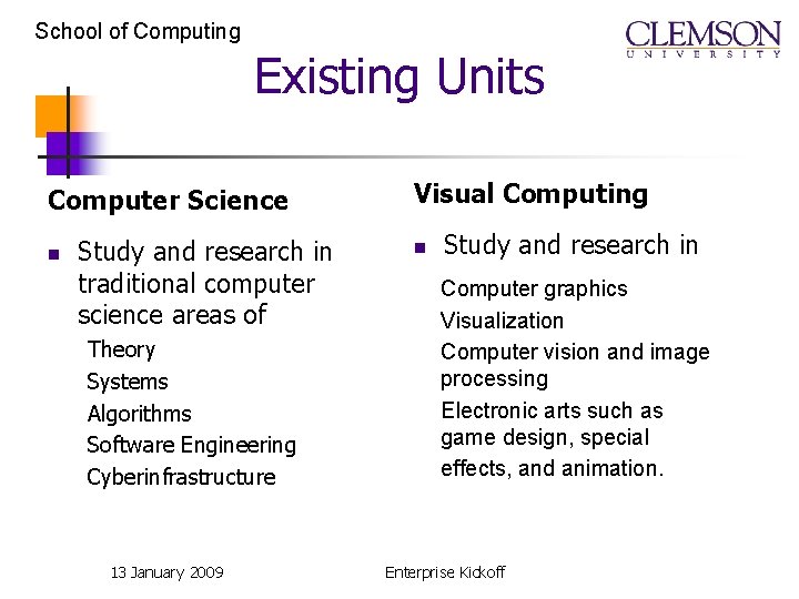 School of Computing Existing Units Computer Science n Study and research in traditional computer School of Computing Existing Units Computer Science n Study and research in traditional computer