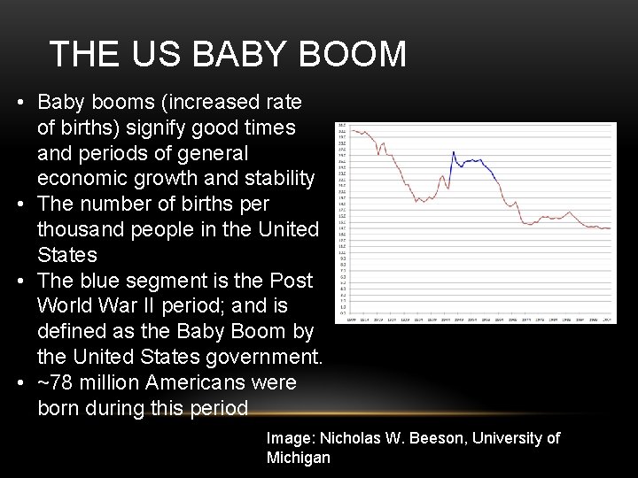 THE US BABY BOOM • Baby booms (increased rate of births) signify good times