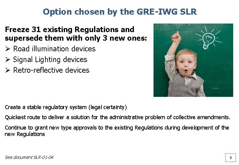 Option chosen by the GRE-IWG SLR Freeze 31 existing Regulations and supersede them with