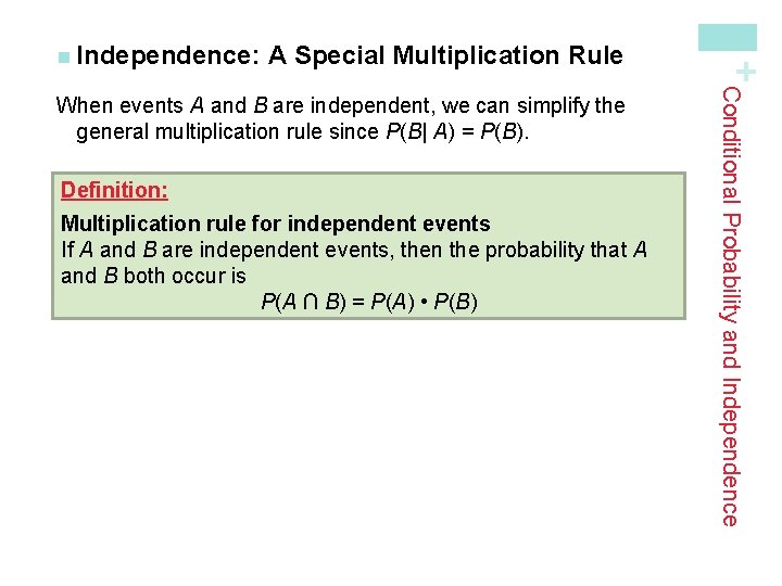 A Special Multiplication Rule Definition: Multiplication rule for independent events If A and B