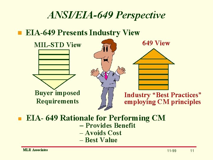 ANSI/EIA-649 Perspective n EIA-649 Presents Industry View 649 View MIL-STD View Buyer imposed Requirements