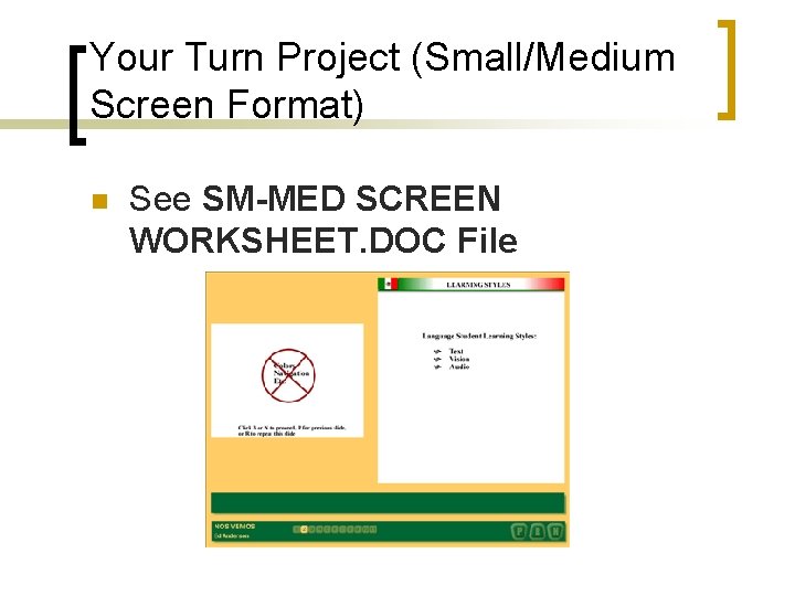 Your Turn Project (Small/Medium Screen Format) n See SM-MED SCREEN WORKSHEET. DOC File 