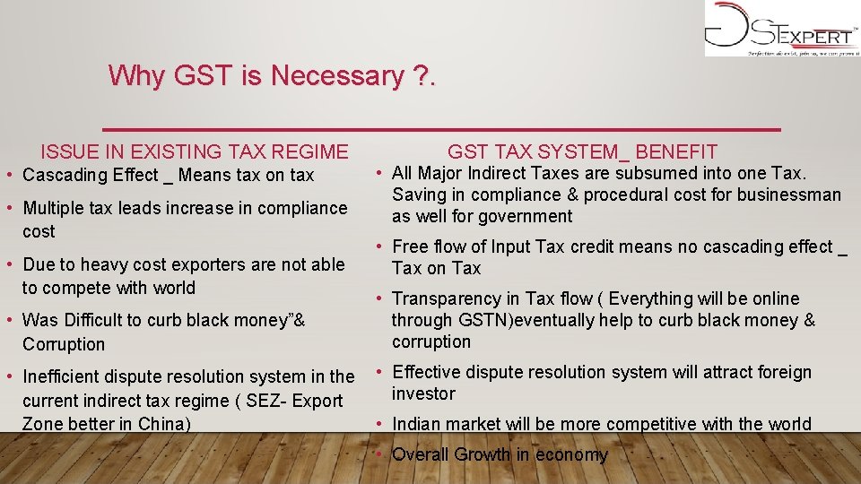 Why GST is Necessary ? . ISSUE IN EXISTING TAX REGIME • Cascading Effect