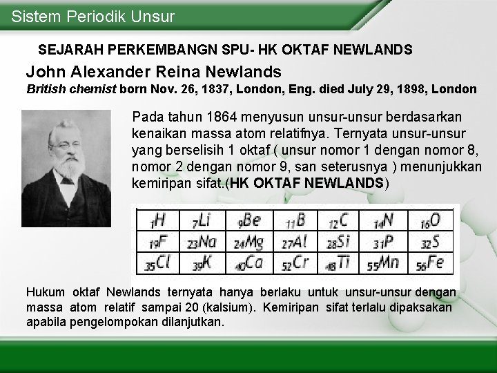 Sistem Periodik Unsur SEJARAH PERKEMBANGN SPU- HK OKTAF NEWLANDS John Alexander Reina Newlands British