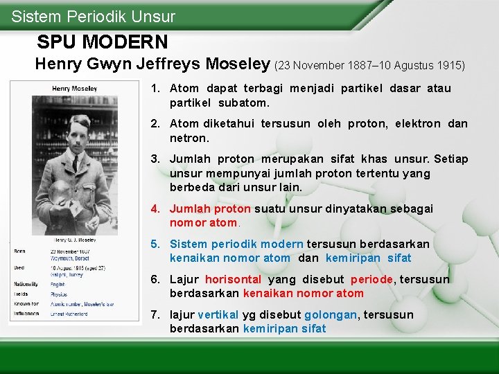 Sistem Periodik Unsur SPU MODERN Henry Gwyn Jeffreys Moseley (23 November 1887– 10 Agustus