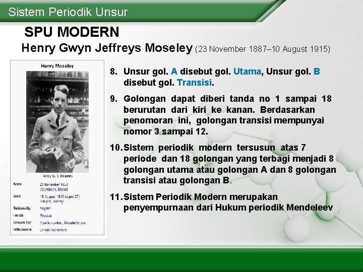Sistem Periodik Unsur SPU MODERN Henry Gwyn Jeffreys Moseley (23 November 1887– 10 August