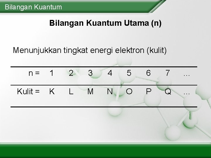 Bilangan Kuantum Utama (n) Menunjukkan tingkat energi elektron (kulit) n= 1 2 3 4
