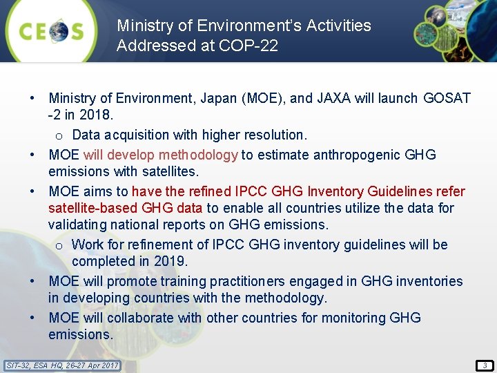 Ministry of Environment’s Activities Addressed at COP-22 • Ministry of Environment, Japan (MOE), and