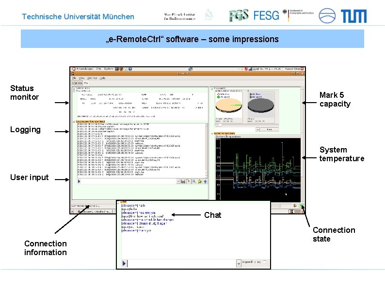 „e-Remote. Ctrl“ software – some impressions Status monitor Mark 5 capacity Logging System temperature