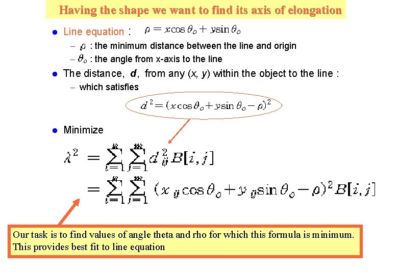 Having the shape we want to find its axis of elongation l Line equation