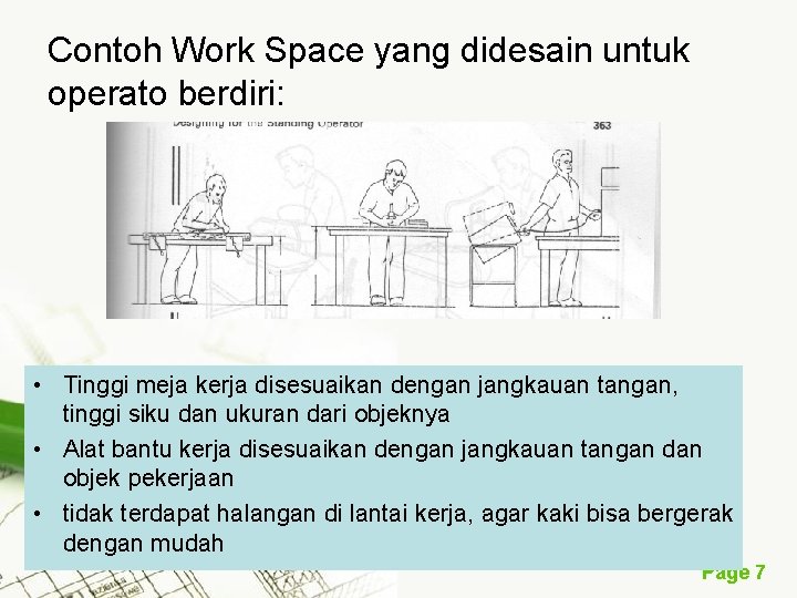 Contoh Work Space yang didesain untuk operato berdiri: • Tinggi meja kerja disesuaikan dengan