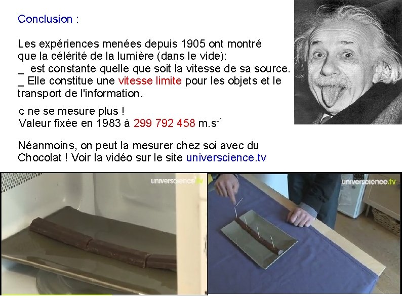 Conclusion : Les expériences menées depuis 1905 ont montré que la célérité de la