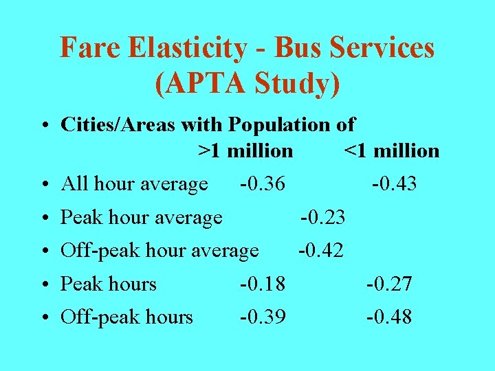Fare Elasticity - Bus Services (APTA Study) • Cities/Areas with Population of >1 million
