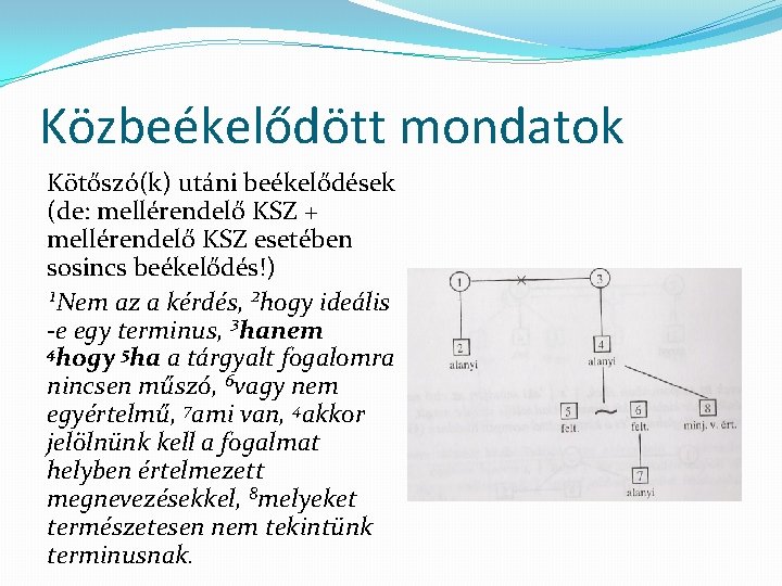 Közbeékelődött mondatok Kötőszó(k) utáni beékelődések (de: mellérendelő KSZ + mellérendelő KSZ esetében sosincs beékelődés!)