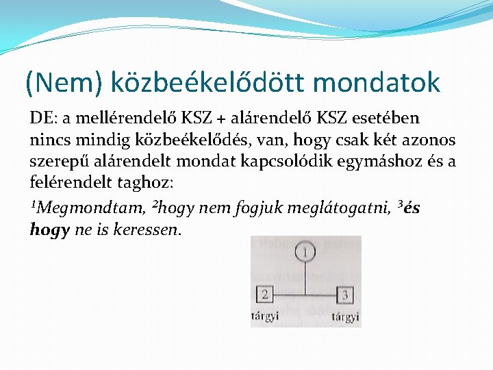 (Nem) közbeékelődött mondatok DE: a mellérendelő KSZ + alárendelő KSZ esetében nincs mindig közbeékelődés,