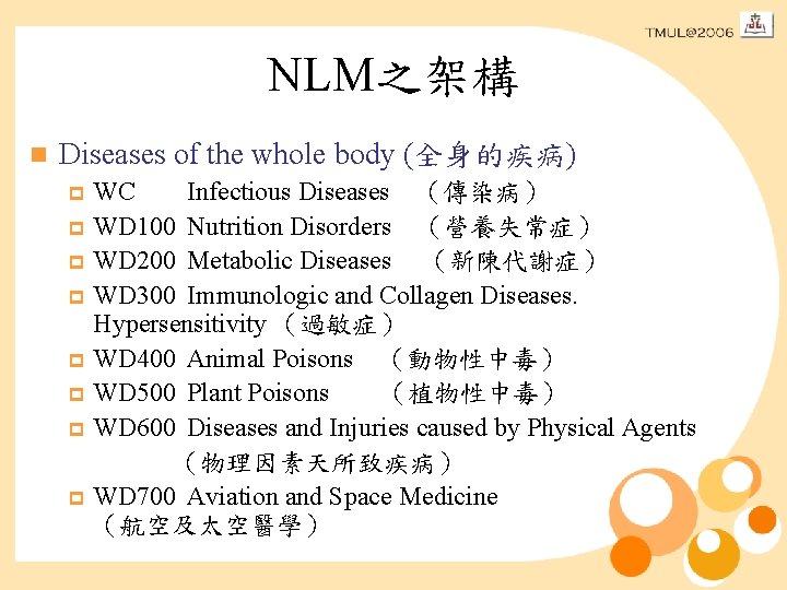 NLM之架構 n Diseases of the whole body (全身的疾病) WC Infectious Diseases （傳染病） p WD