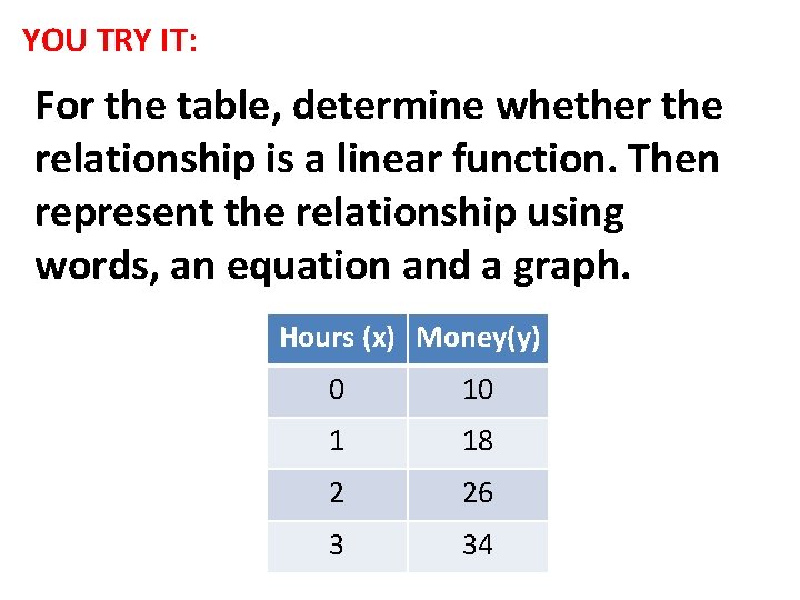 YOU TRY IT: For the table, determine whether the relationship is a linear function. YOU TRY IT: For the table, determine whether the relationship is a linear function.