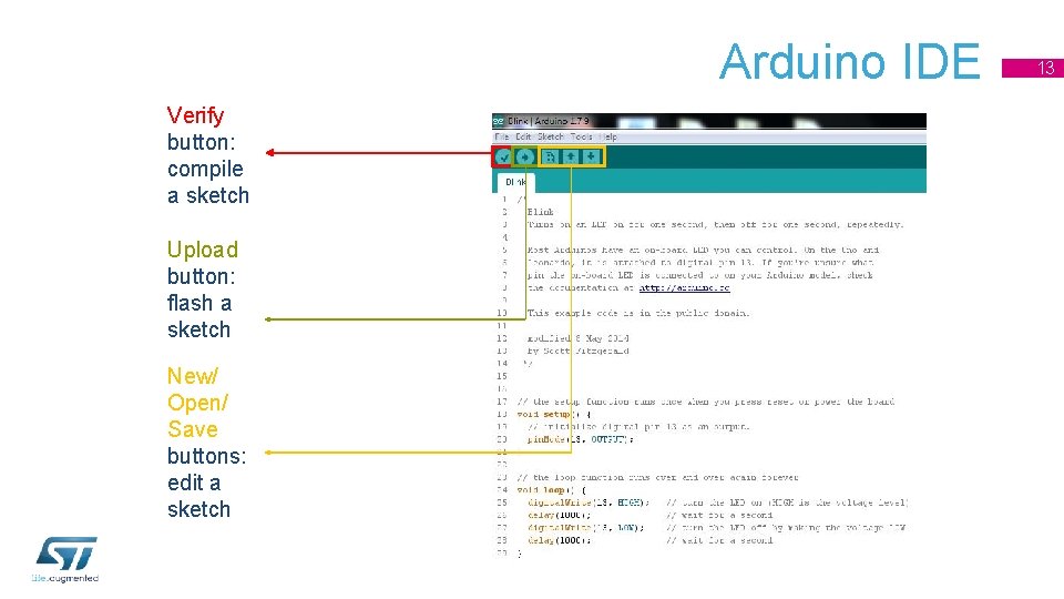 Arduino IDE Verify button: compile a sketch Upload button: flash a sketch New/ Open/ Arduino IDE Verify button: compile a sketch Upload button: flash a sketch New/ Open/