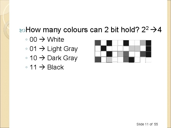 How many colours can 2 bit hold? 22 4 ◦ 00 White ◦ How many colours can 2 bit hold? 22 4 ◦ 00 White ◦