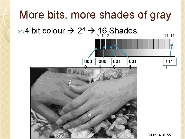 More bits, more shades of gray 4 bit colour 24 16 Shades 000 0 More bits, more shades of gray 4 bit colour 24 16 Shades 000 0