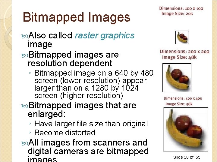 Bitmapped Images Also called raster graphics image Bitmapped images are resolution dependent ◦ Bitmapped Bitmapped Images Also called raster graphics image Bitmapped images are resolution dependent ◦ Bitmapped