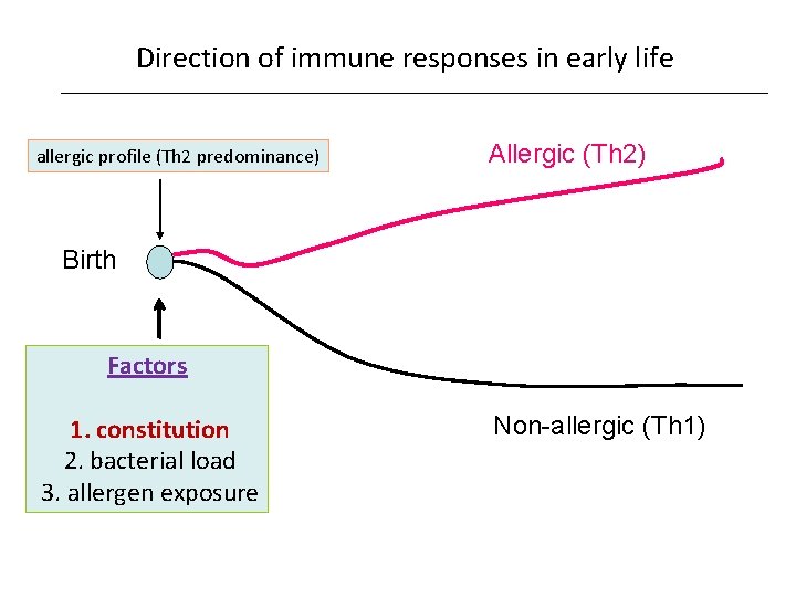 Direction of immune responses in early life allergic profile (Th 2 predominance) Allergic (Th