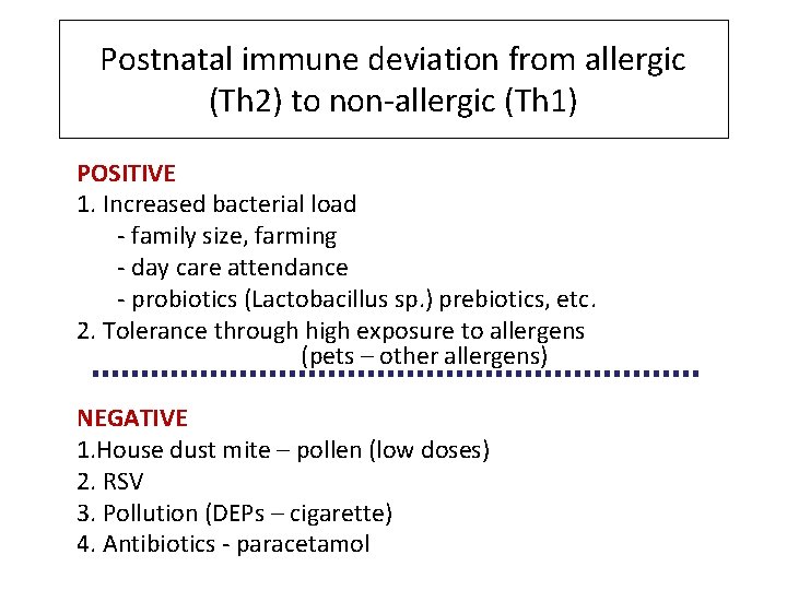 Postnatal immune deviation from allergic (Th 2) to non-allergic (Th 1) POSITIVE 1. Increased