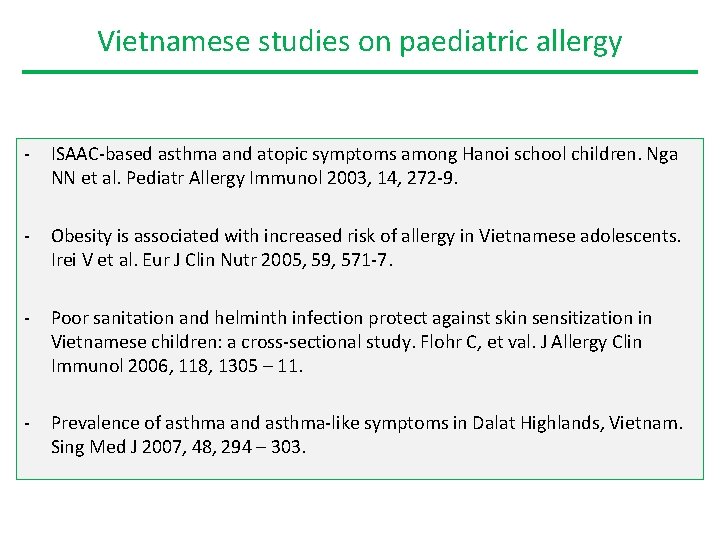 Vietnamese studies on paediatric allergy - ISAAC-based asthma and atopic symptoms among Hanoi school