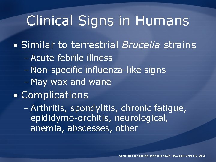 Clinical Signs in Humans • Similar to terrestrial Brucella strains – Acute febrile illness