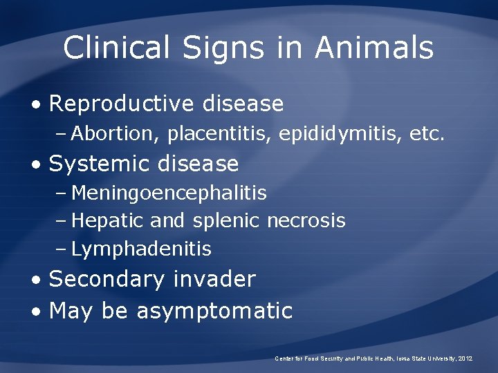 Clinical Signs in Animals • Reproductive disease – Abortion, placentitis, epididymitis, etc. • Systemic