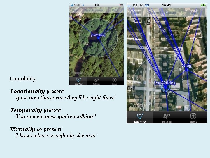 Comobility: Locationally present ‘if we turn this corner they’ll be right there‘ Temporally present