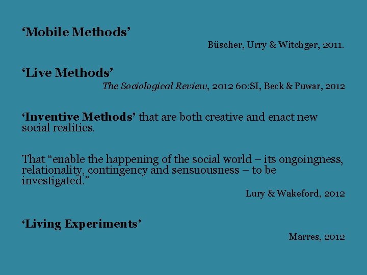 ‘Mobile Methods’ Büscher, Urry & Witchger, 2011. ‘Live Methods’ The Sociological Review, 2012 60: