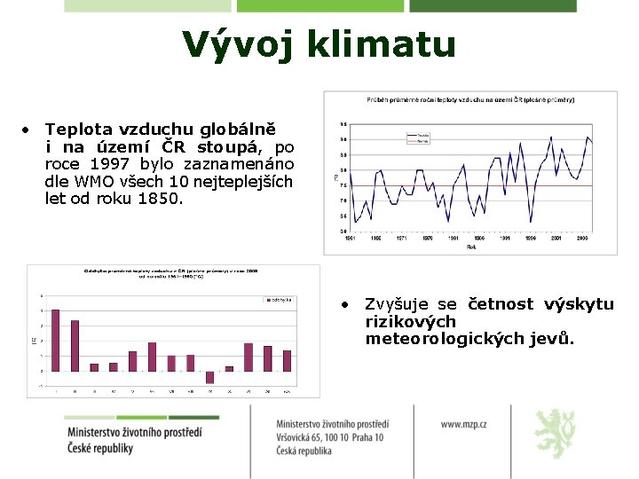 Vývoj klimatu • Teplota vzduchu globálně i na území ČR stoupá, po roce 1997