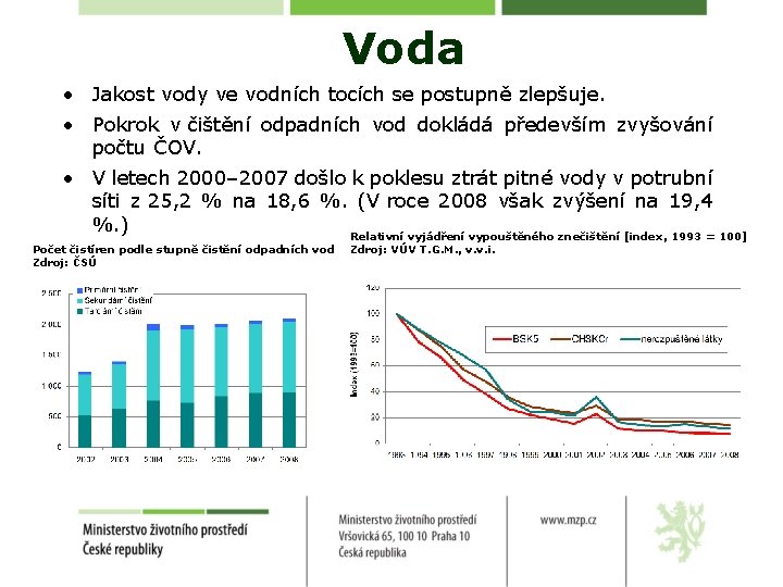 Voda • Jakost vody ve vodních tocích se postupně zlepšuje. • Pokrok v čištění