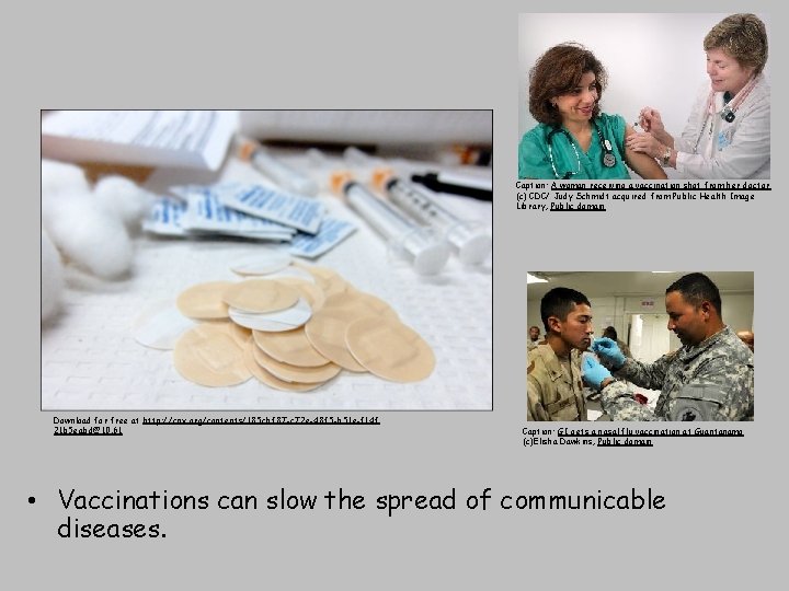Caption: A woman receiving a vaccination shot from her doctor (c) CDC/ Judy Schmidt