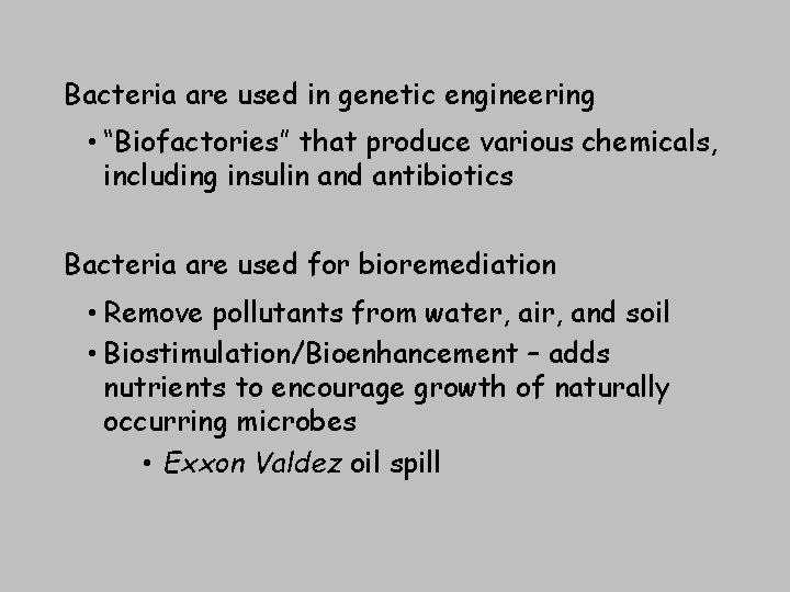 Bacteria are used in genetic engineering • “Biofactories” that produce various chemicals, including insulin